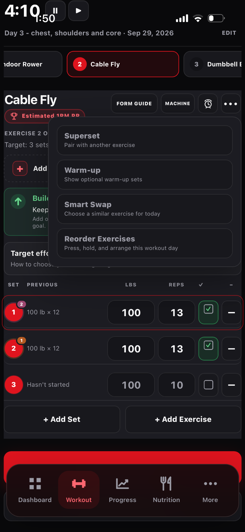 Open the three-dot exercise menu and choose Warm-up.