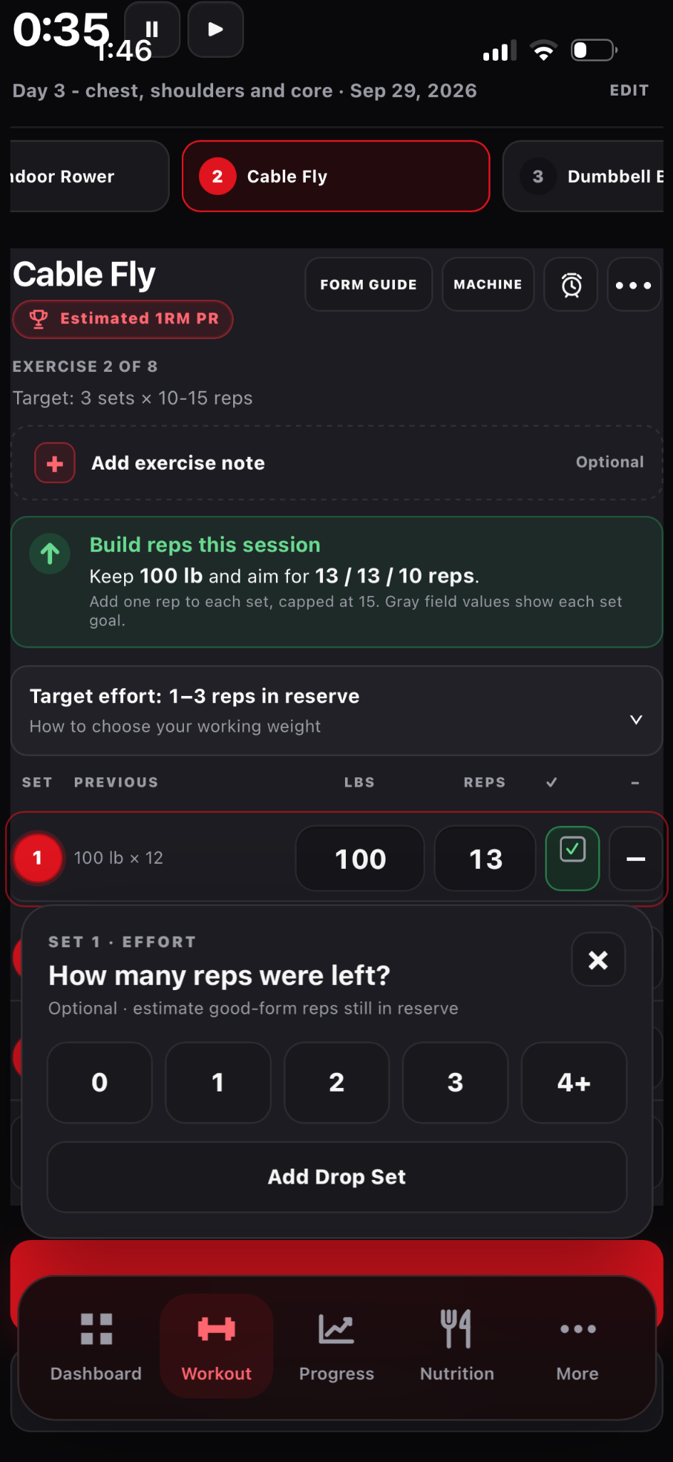 After completing a set, choose the number of good-form reps you had left.