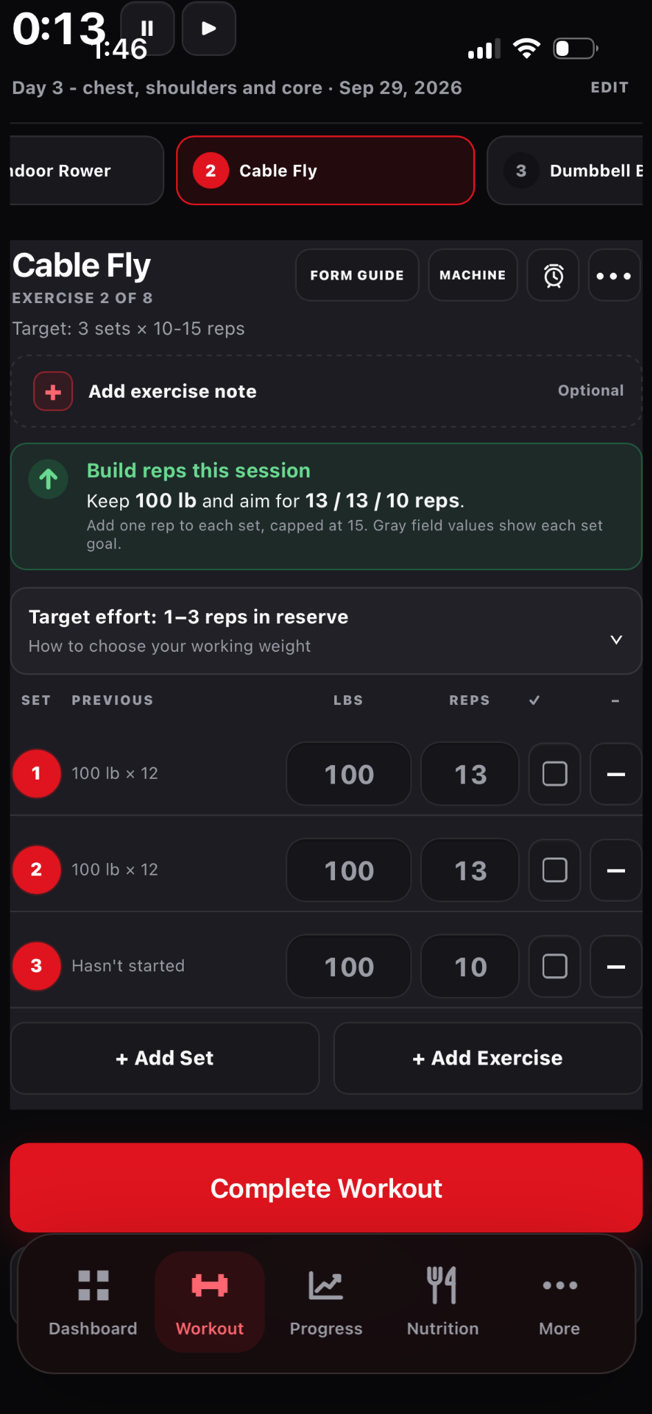 The green prompt builds reps at the current load before recommending more weight.